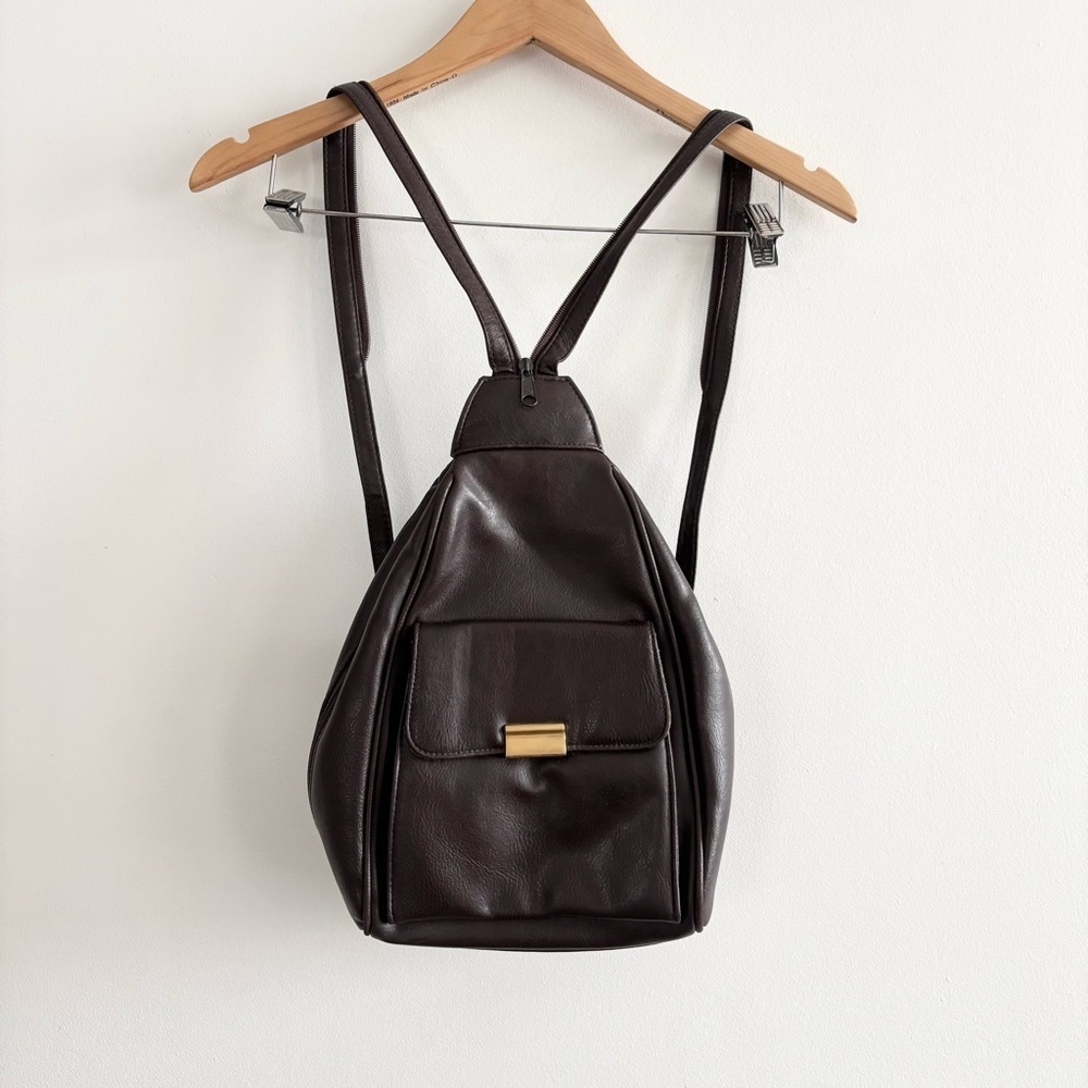 Vintage Dark Brown Faux Leather Convertible Backpack with Gold Hardware